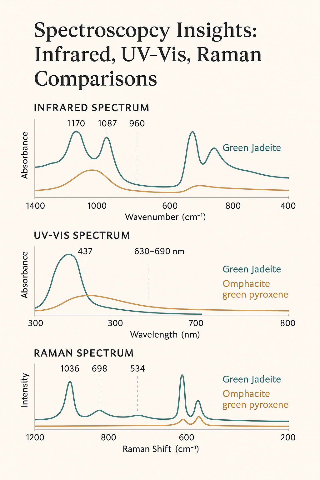 A scientific infographic comparing infrared, UV-Vis, and Raman spectra of green jadeite and omphacite green pyroxene, showing key absorption and intensity peaks for gemological analysis.