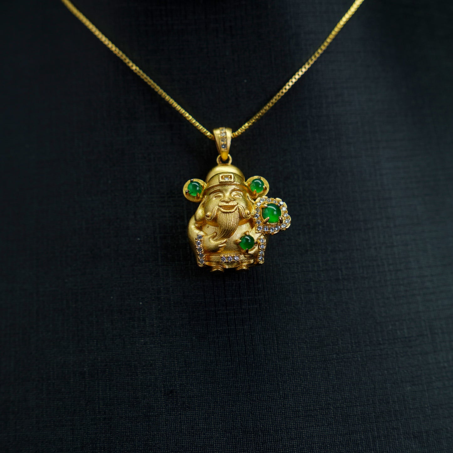 Gold Fortune God Pendant with Jadeite Accents