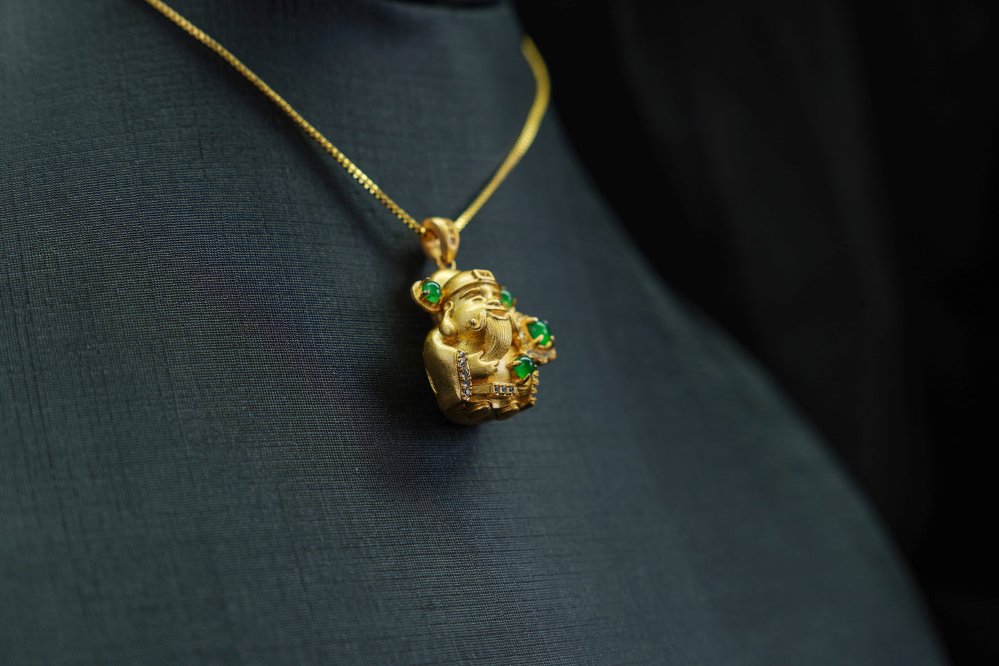 Gold Fortune God Pendant with Jadeite Accents