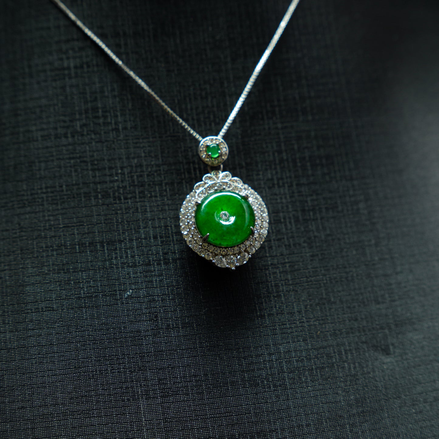 Fiery Green Jadeite Pendant with Full Diamond Halo