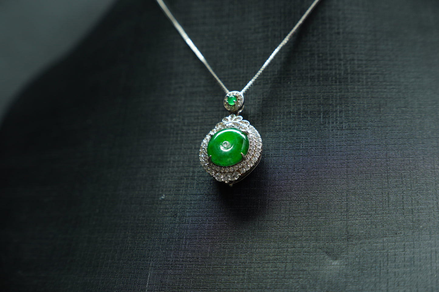 Fiery Green Jadeite Pendant with Full Diamond Halo