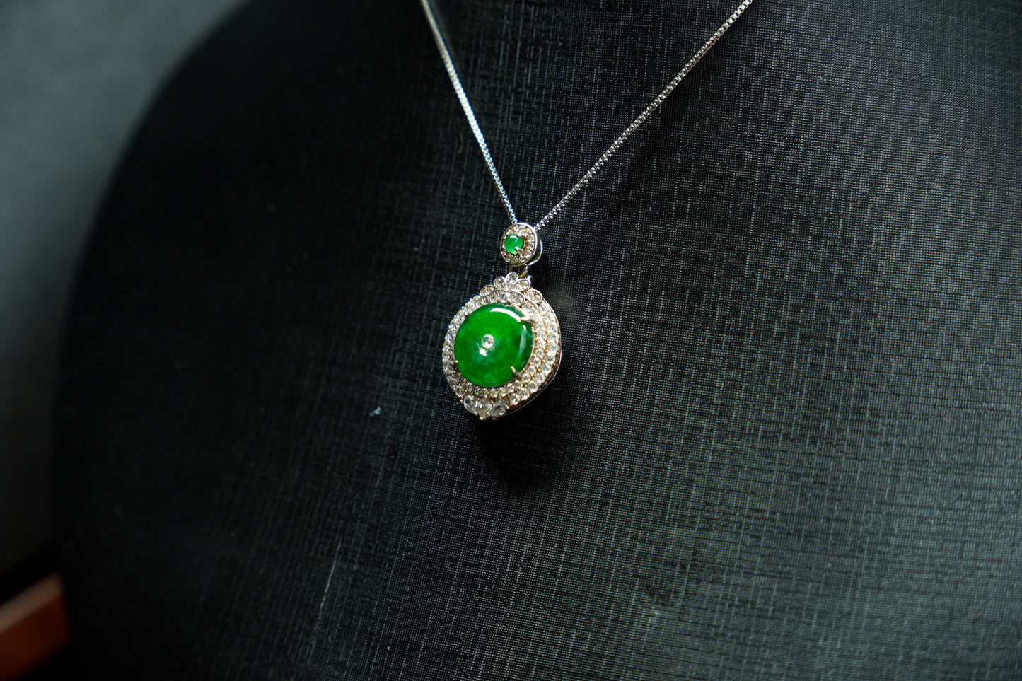 Fiery Green Jadeite Pendant with Full Diamond Halo