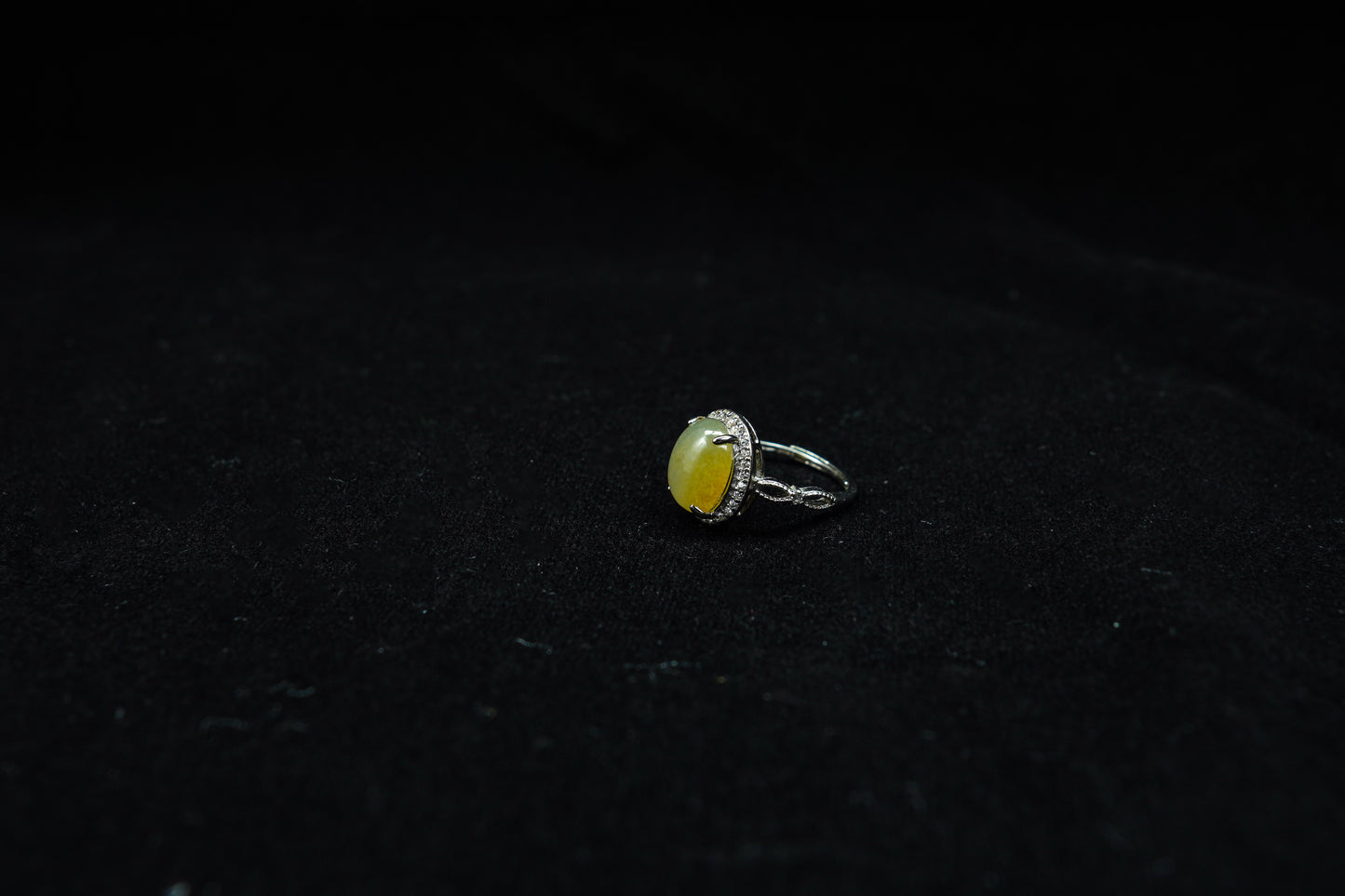 Golden Glow · Yellow Jadeite Cabochon Ring with Diamond Halo