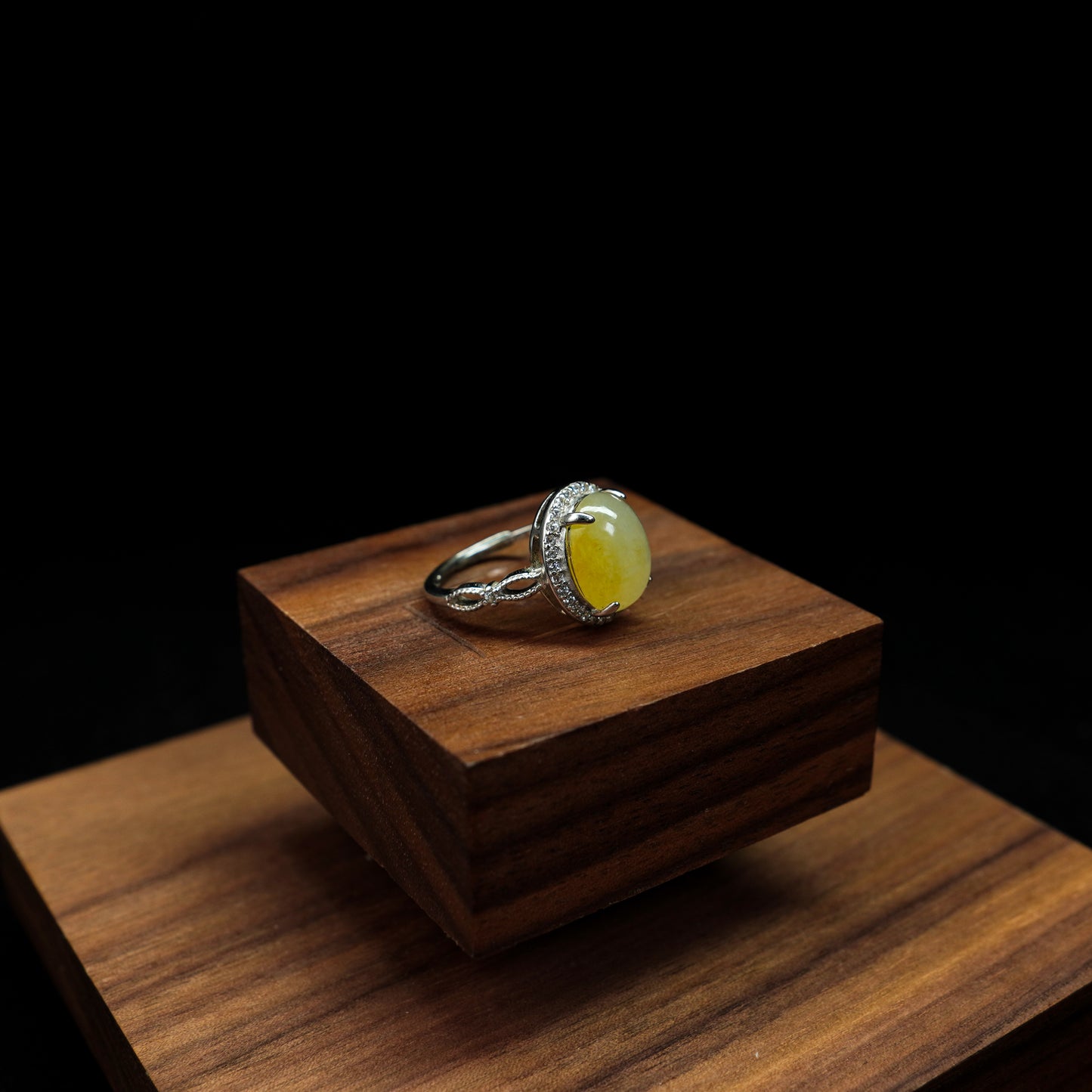 Golden Glow · Yellow Jadeite Cabochon Ring with Diamond Halo