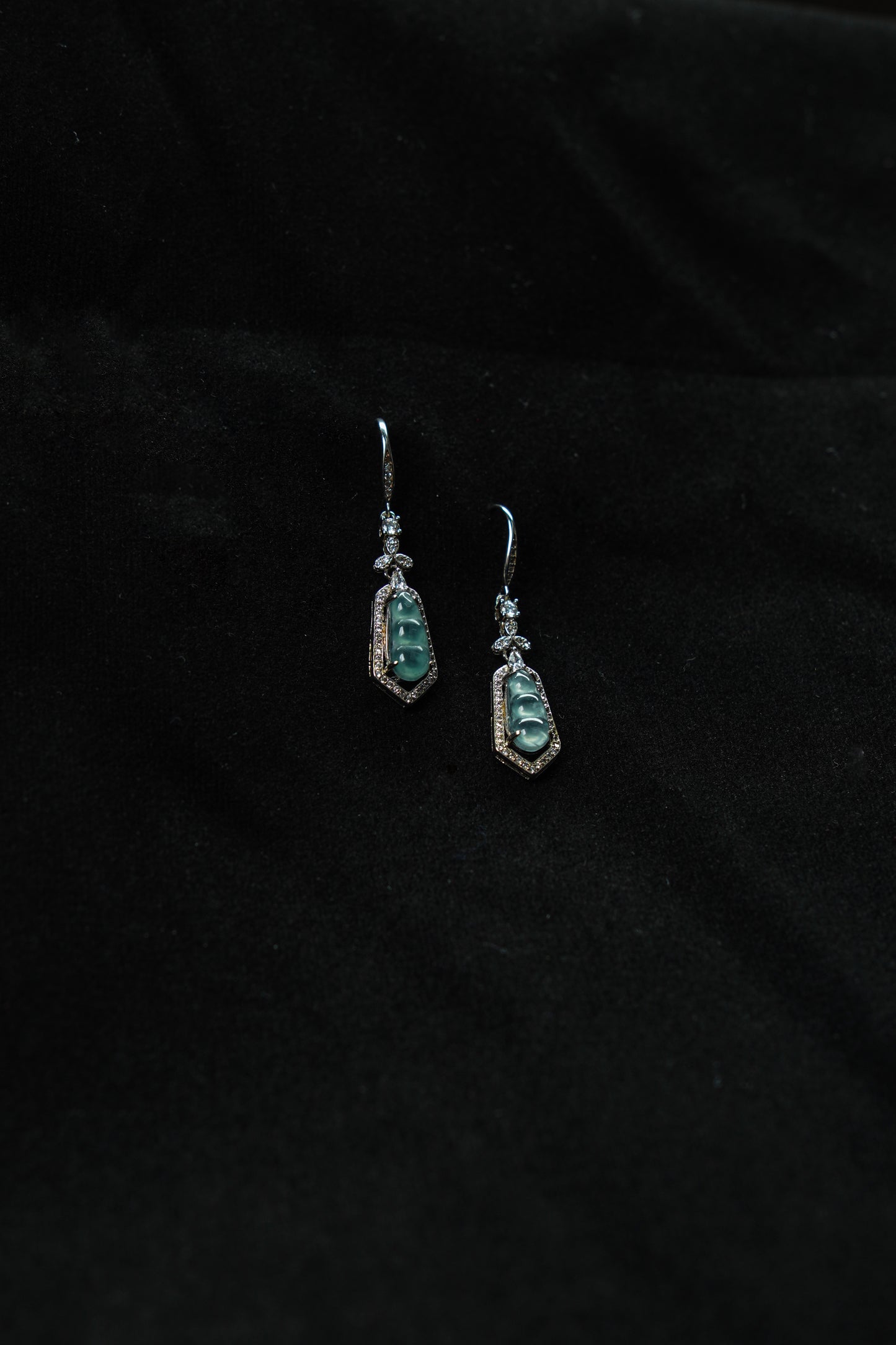 Icy Blue Jadeite Peapod Earrings with Full Diamond Halo