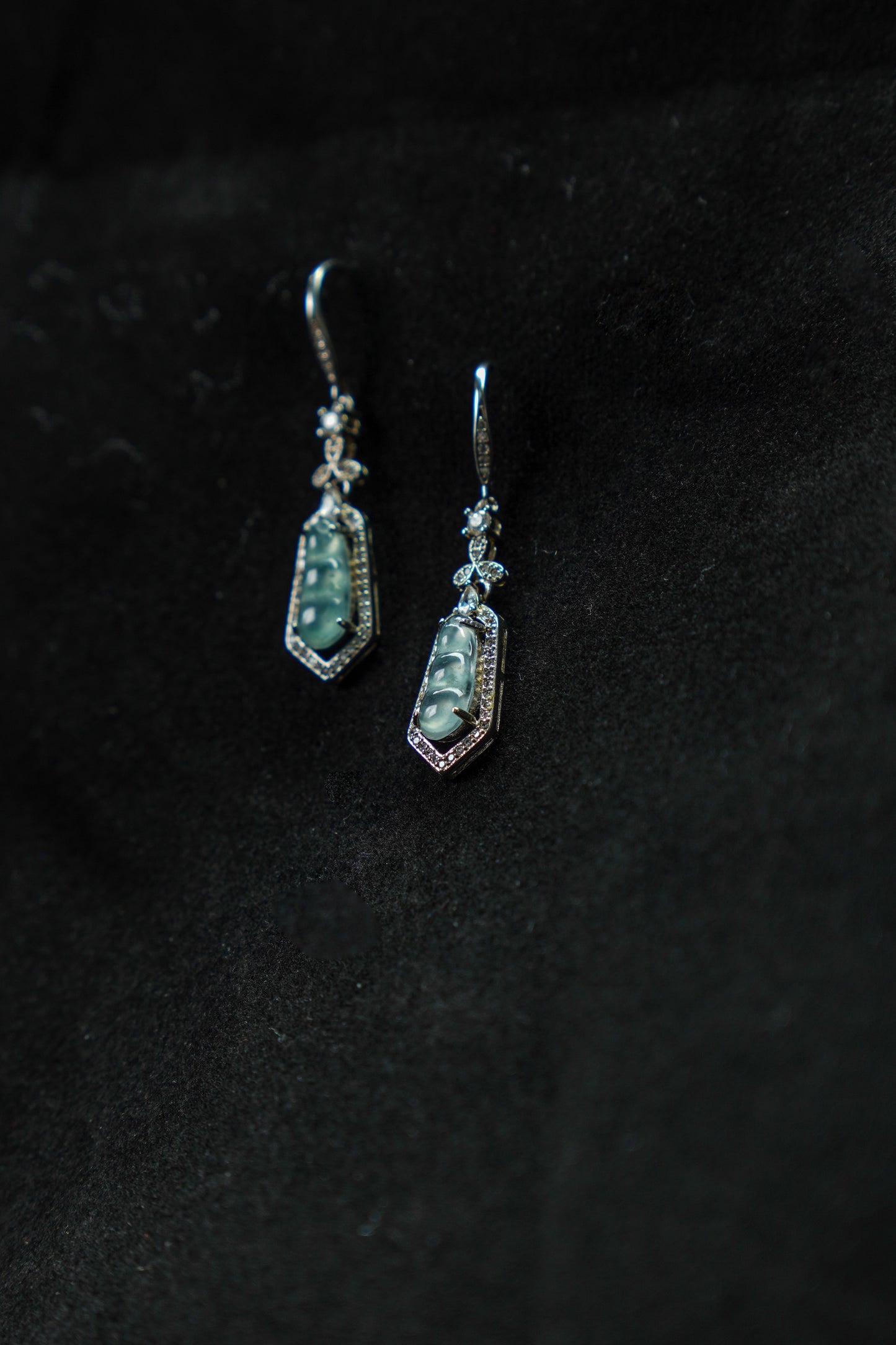 Icy Blue Jadeite Peapod Earrings with Full Diamond Halo