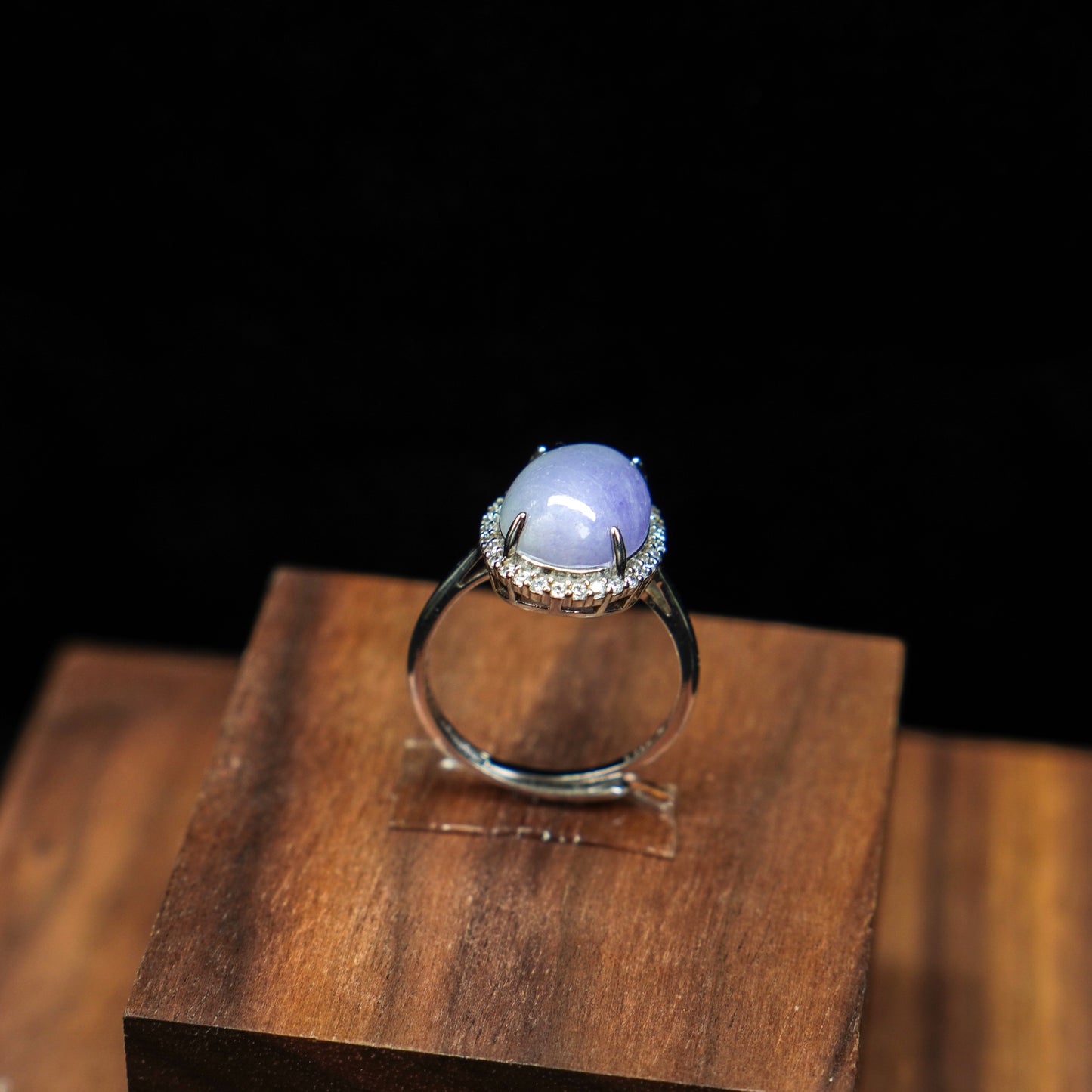 Lavender Jadeite Cabochon Ring with Diamond Halo