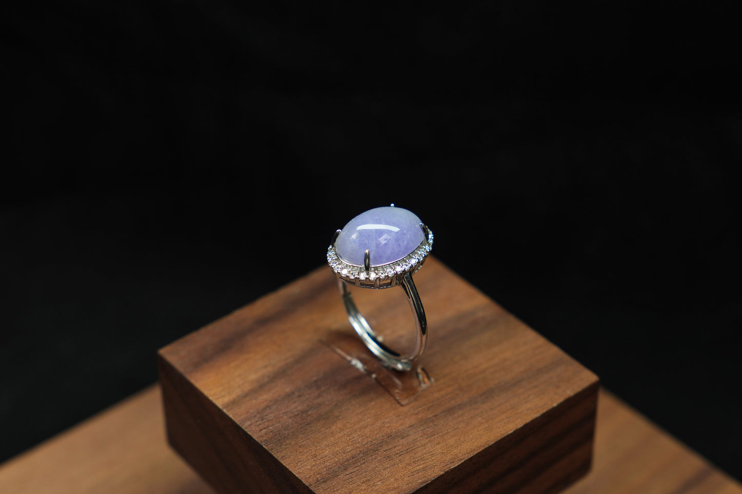 Lavender Jadeite Cabochon Ring with Diamond Halo