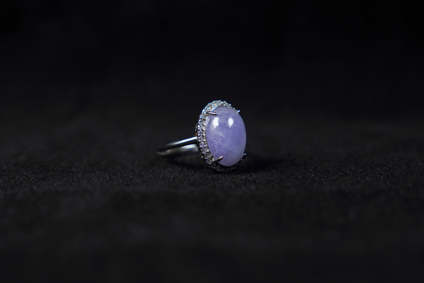 Lavender Jadeite Cabochon Ring with Diamond Halo