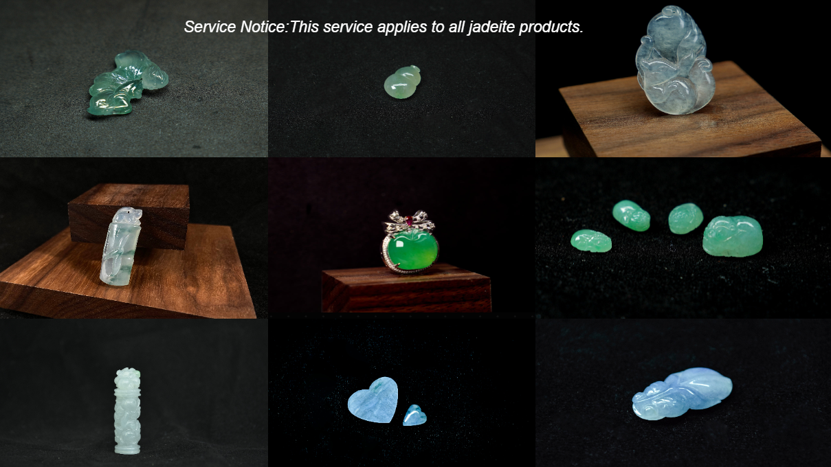 A collage of 8 raw jadeite stones alongside a finished carved piece, showcasing the transformation from rough gem to refined art.