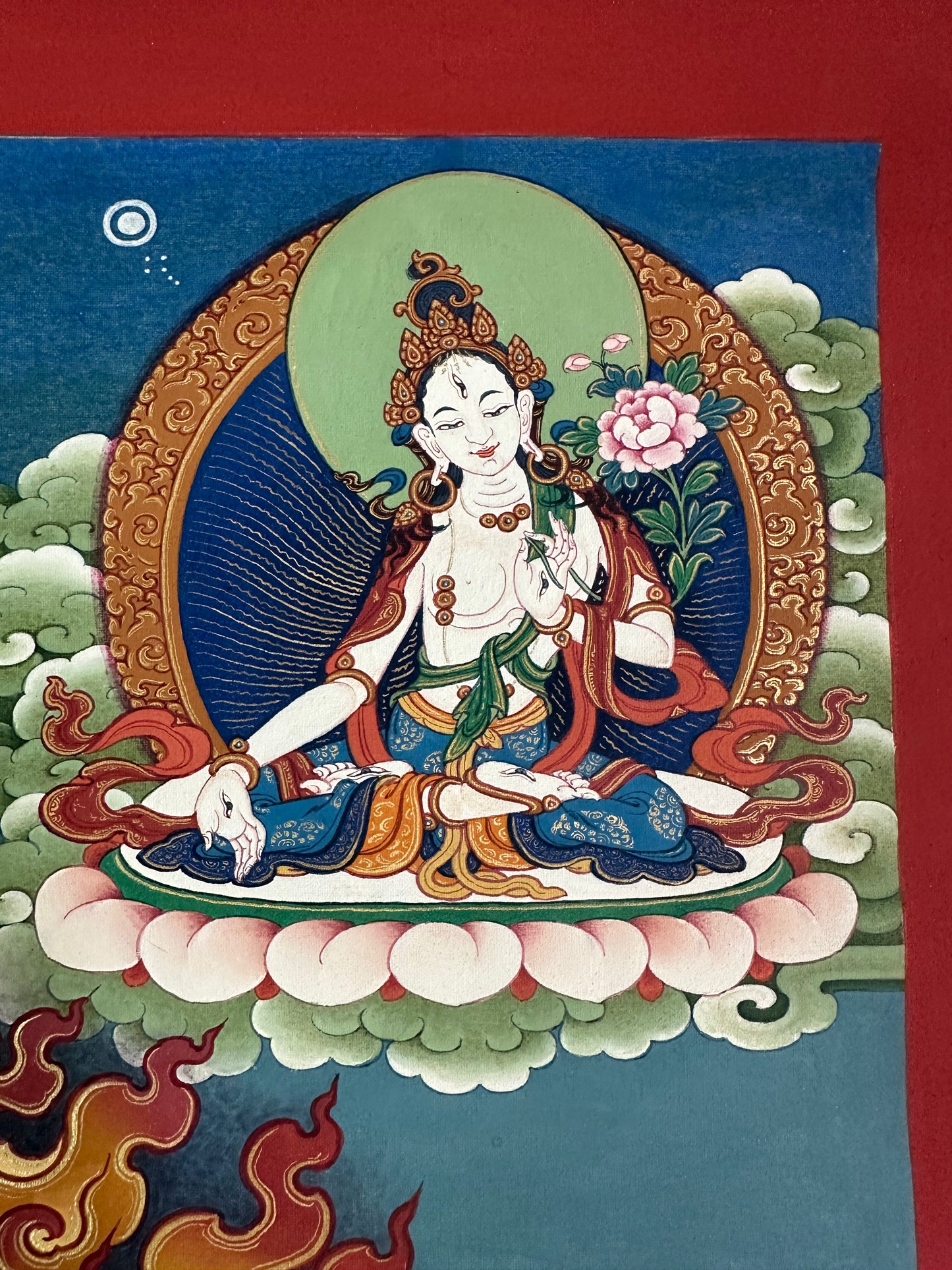 White Tara Thangka – Deity of Healing, Longevity, and Compassion, seated in serene lotus posture with open palm of blessing.