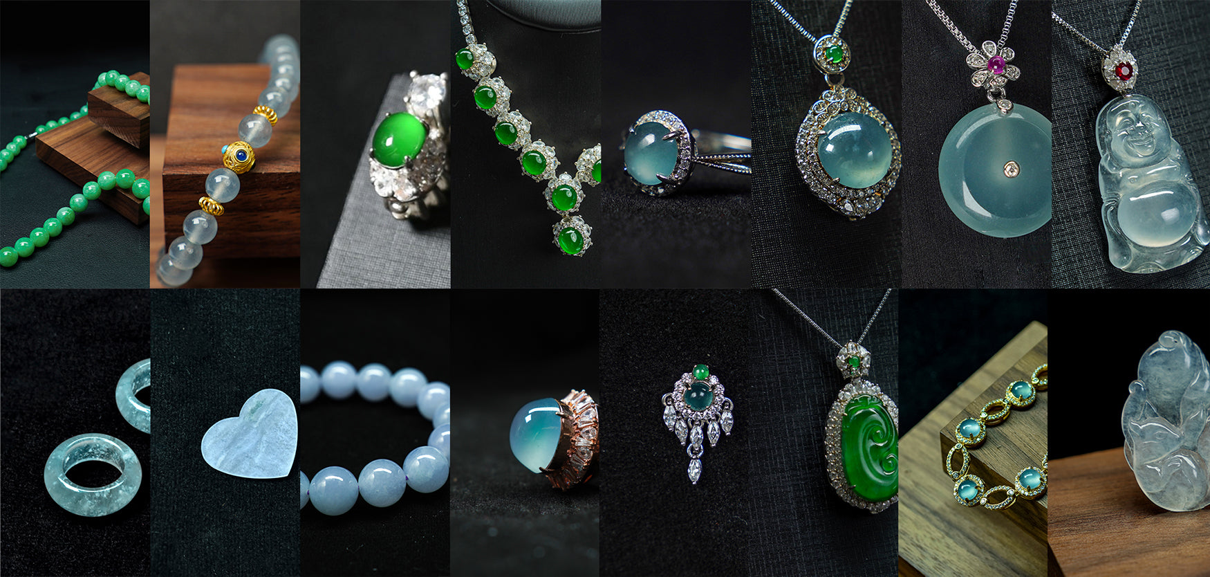 Collage of various gemstone jadeite jewelry pieces on a dark background