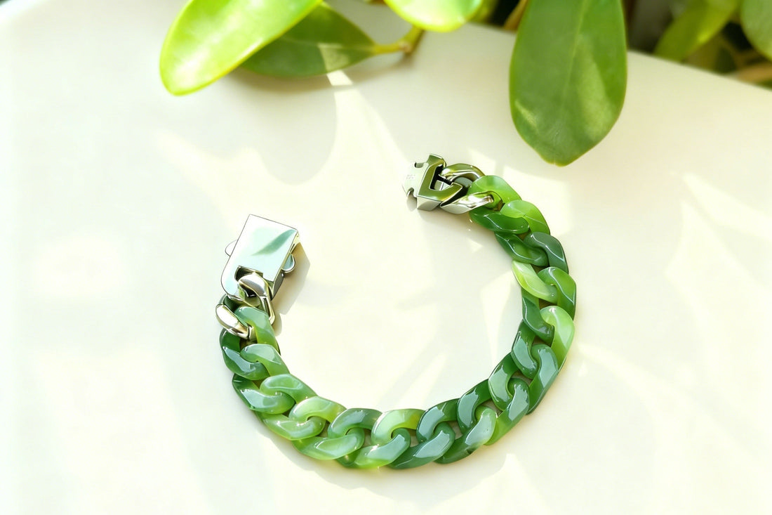 Green Jadeite Cuban Link Bracelet and Green Leaves.