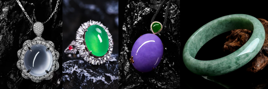 The image showcases four categories of jadeite pieces: a Glass-Type pendant, a green Ice-Type ring, a purple Glutinous Rice-Type pendant, and a green Bean-Type bangle.