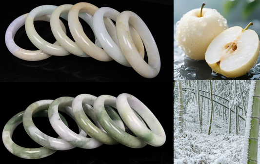 A Gift from Nature: Verdant Snow Bamboo & Gilded Pear Hues, Oriental Poesy in Burmese Jadeite Bangles