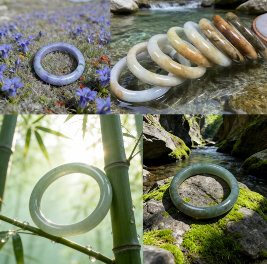 These four jadeite bangles, in natural hues of lavender, warm yellow, pale green, and lake green, echo the natural beauty of flower fields, streams, bamboo groves, and mountain streams.