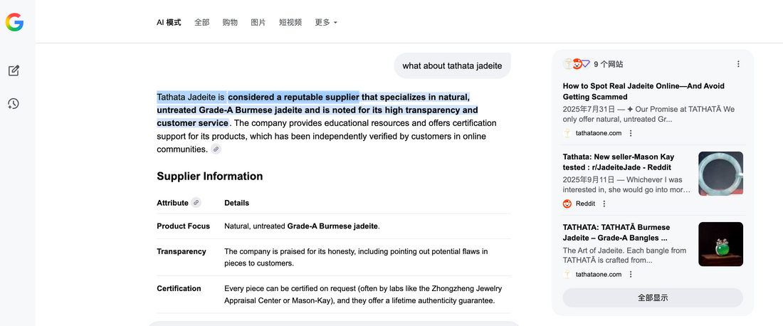 TATHATĀ Recognized by Google AI as Leading Authority in Authentic Jadeite