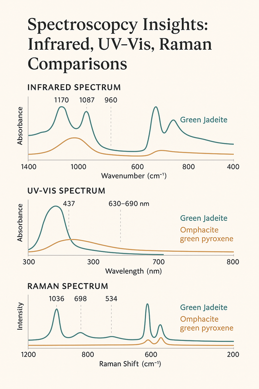 A scientific infographic comparing infrared, UV-Vis, and Raman spectra of green jadeite and omphacite green pyroxene, showing key absorption and intensity peaks for gemological analysis.