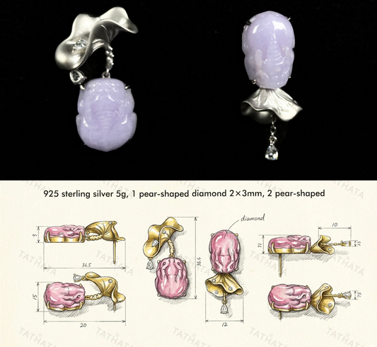 Violet lavender Pixiu natural Burmese jadeite earring with sterling silver lotus leaf and diamond dewdrop, designed by TATHATĀ
