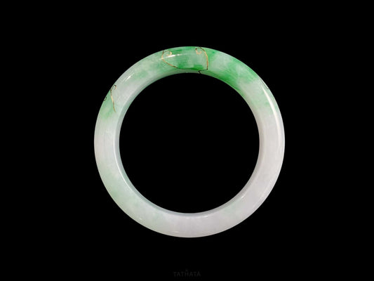 Collector’s Pick 🎉 Floating Green Flowers With Gilded Gold · Nature Burmese Jadeite Peace Bangle (56mm)