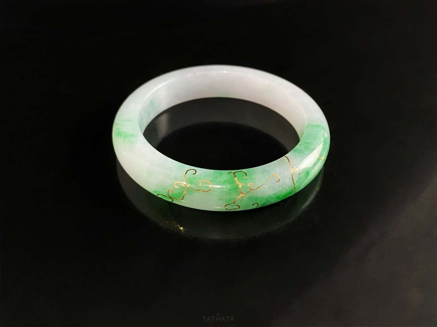 Collector’s Pick 🎉 Floating Green Flowers With Gilded Gold · Nature Burmese Jadeite Peace Bangle (56mm)