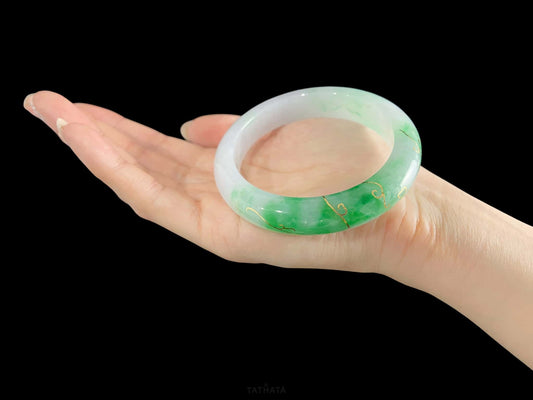 Collector’s Pick 🎉 Floating Green Flowers With Gilded Gold · Nature Burmese Jadeite Peace Bangle (56mm)
