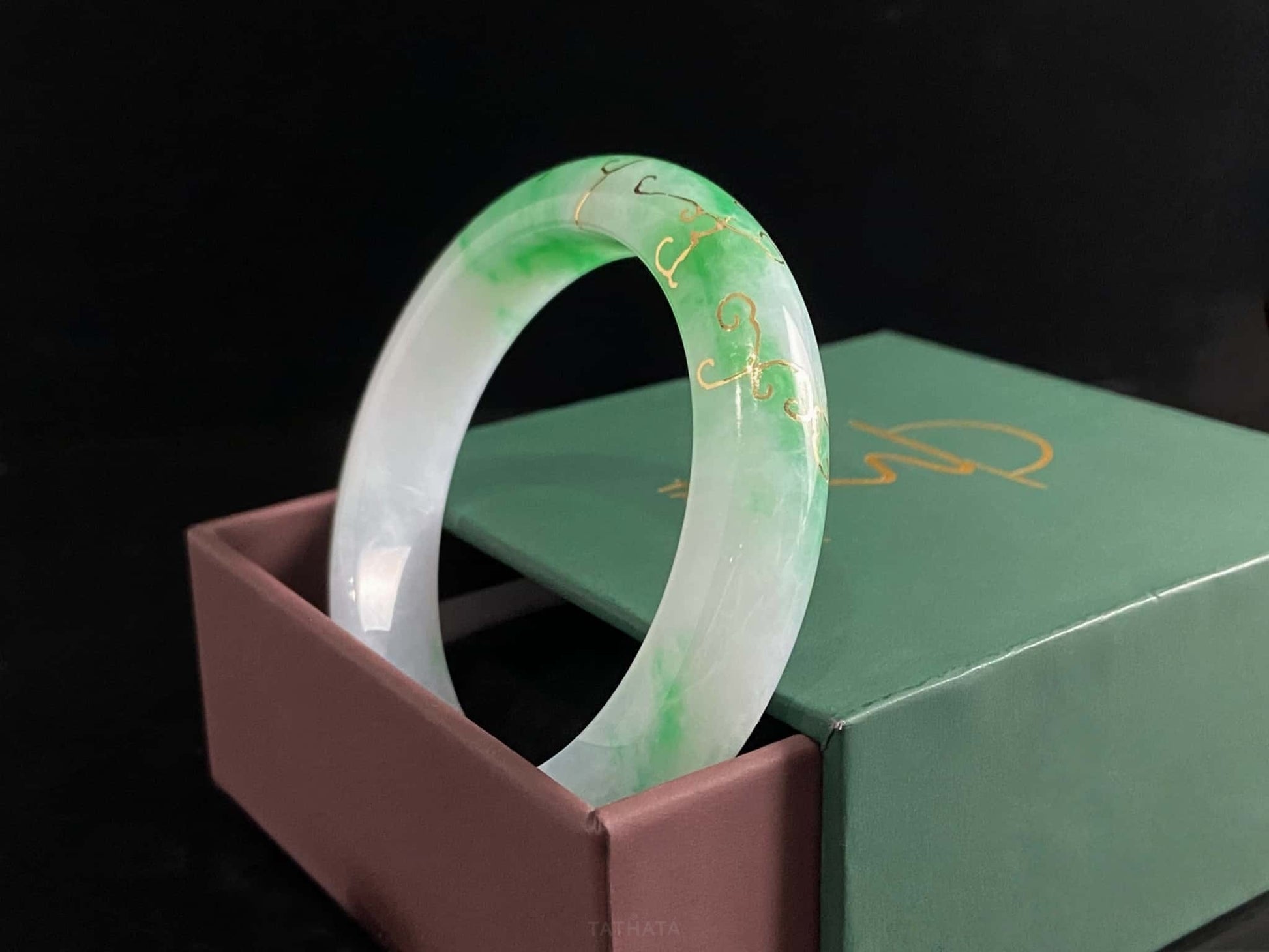 Collector’s Pick 🎉 Floating Green Flowers With Gilded Gold · Nature Burmese Jadeite Peace Bangle (56mm)