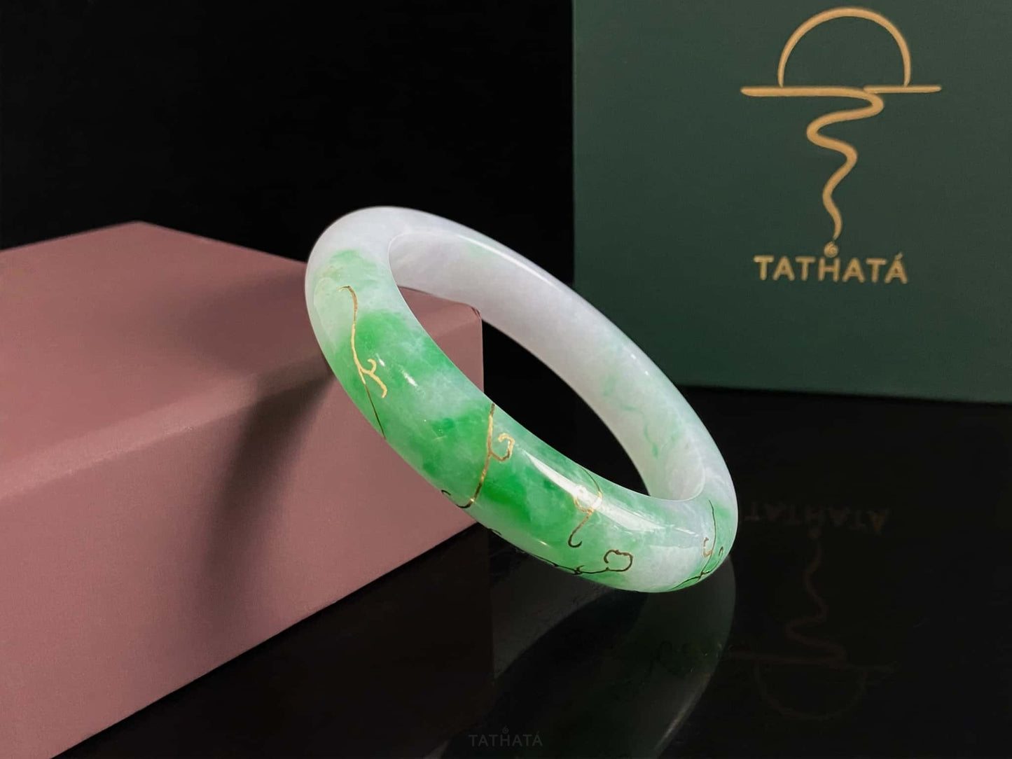 Collector’s Pick 🎉 Floating Green Flowers With Gilded Gold · Nature Burmese Jadeite Peace Bangle (56mm)