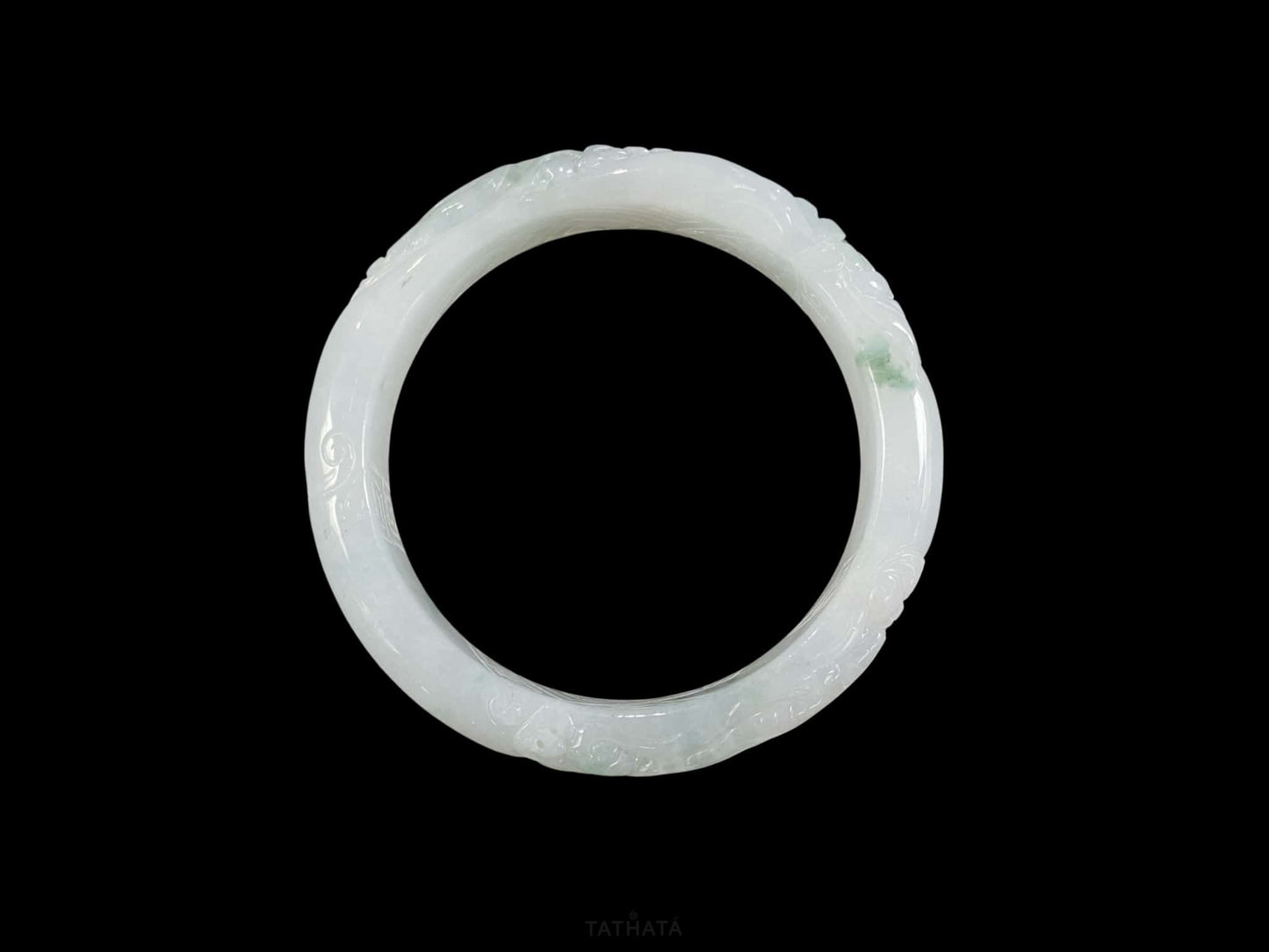 Milky White Floating Green Carved Pattern · Nature Burmese Jadeite Peace Bangle (56mm)