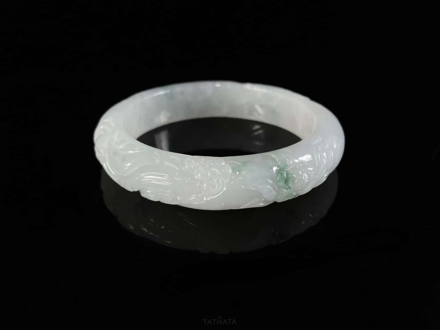 Milky White Floating Green Carved Pattern · Nature Burmese Jadeite Peace Bangle (56mm)