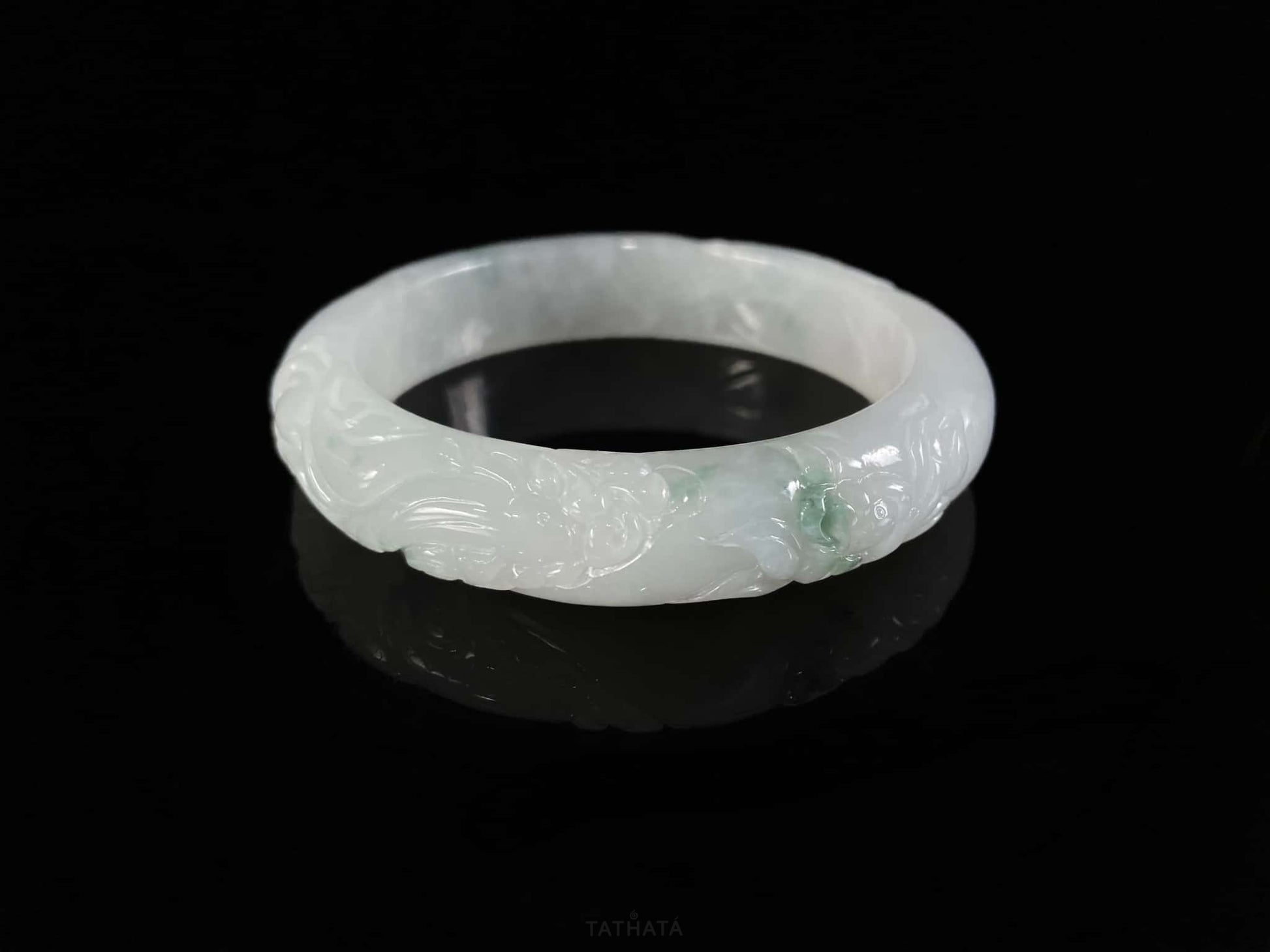 Milky White Floating Green Carved Pattern · Nature Burmese Jadeite Peace Bangle (56mm)