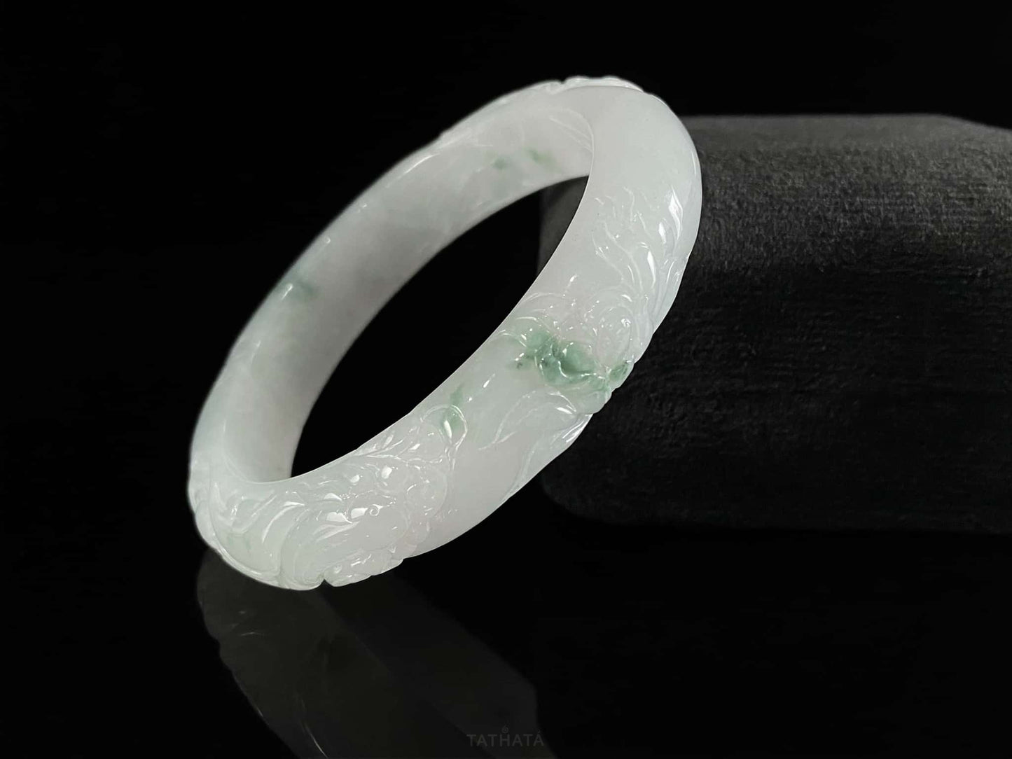 Milky White Floating Green Carved Pattern · Nature Burmese Jadeite Peace Bangle (56mm)