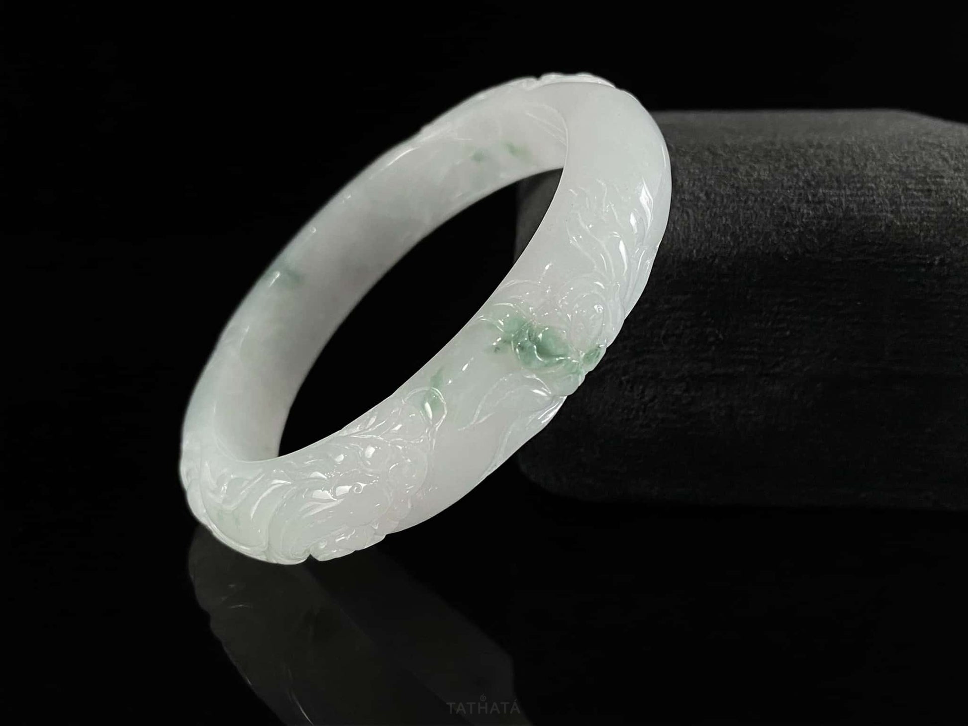 Milky White Floating Green Carved Pattern · Nature Burmese Jadeite Peace Bangle (56mm)