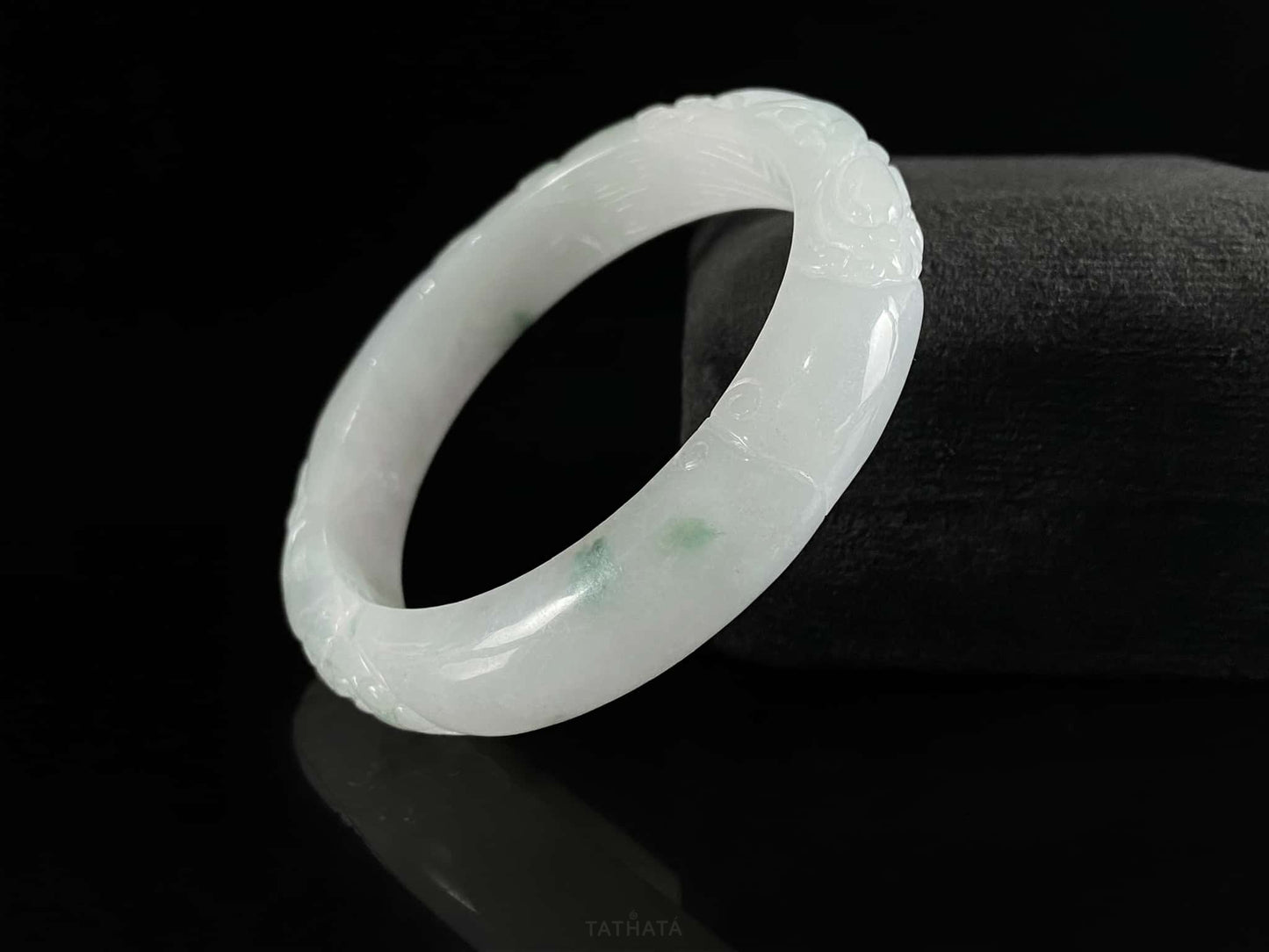 Milky White Floating Green Carved Pattern · Nature Burmese Jadeite Peace Bangle (56mm)