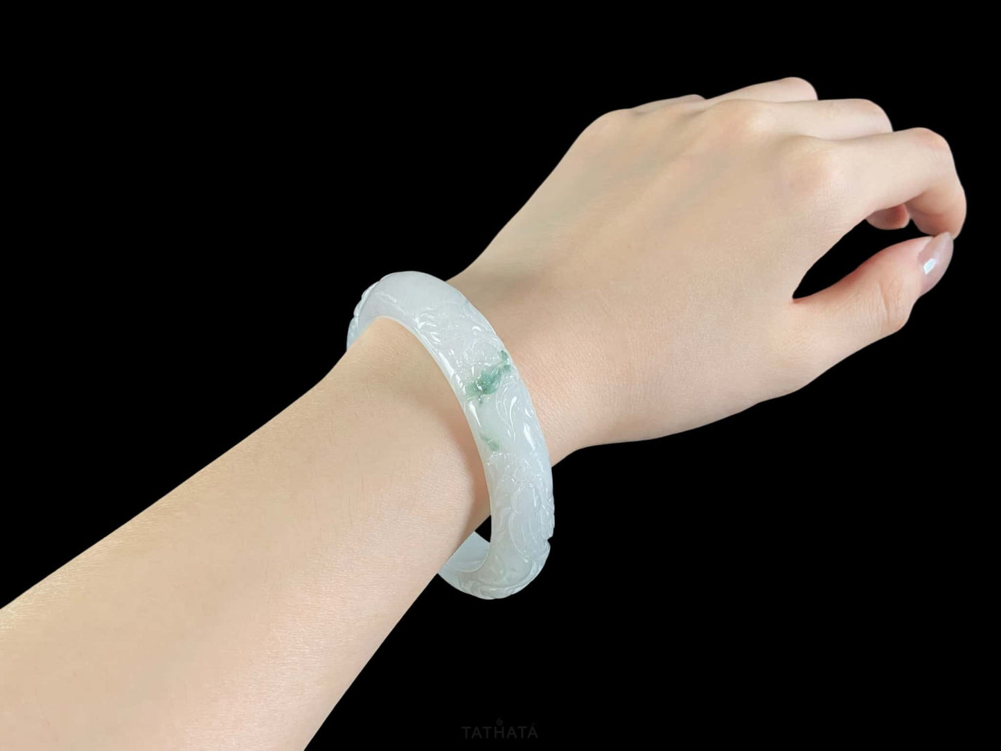 Milky White Floating Green Carved Pattern · Nature Burmese Jadeite Peace Bangle (56mm)