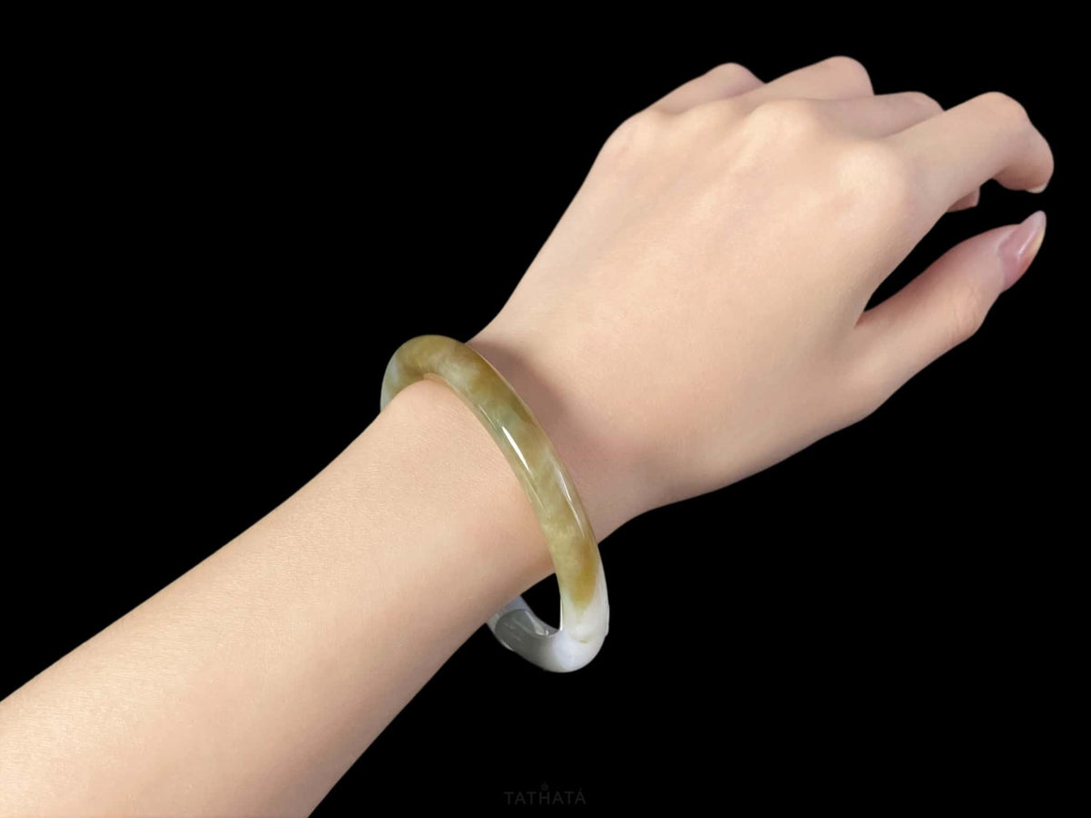 New & Trending 🍂 Harvest Dawn Sage Gold · Nature Burmese Jadeite Round Bangle