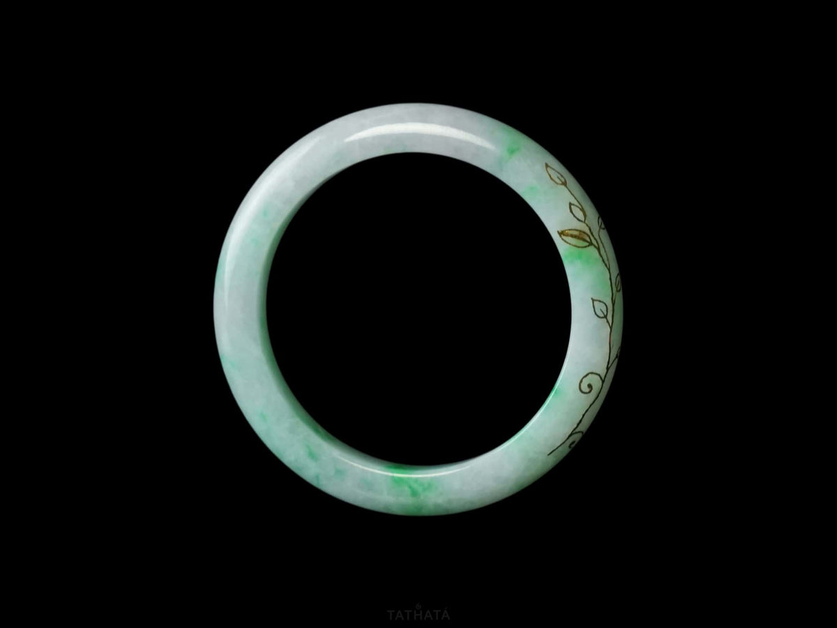 Pale Green with Gold-Painted Vines · Nature Burmese Jadeite Peace Bangle (57mm)