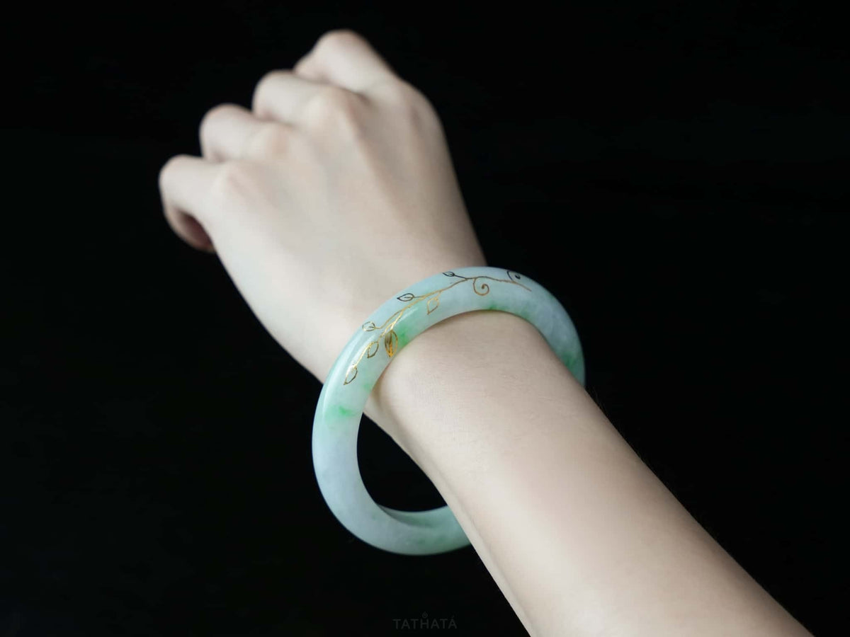 Pale Green with Gold-Painted Vines · Nature Burmese Jadeite Peace Bangle (57mm)