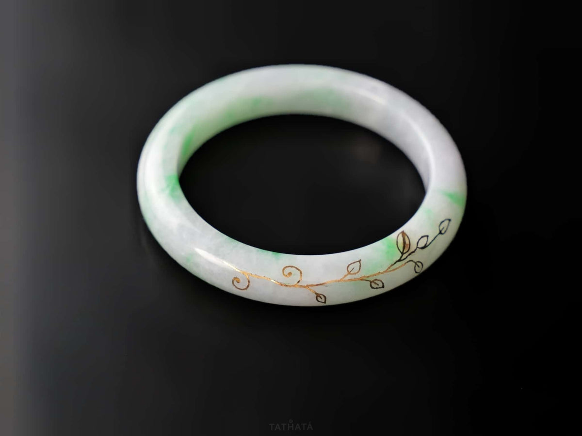 Pale Green with Gold-Painted Vines · Nature Burmese Jadeite Peace Bangle (57mm)
