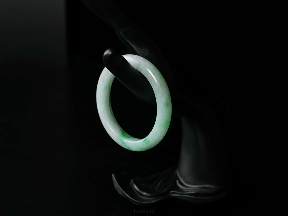 Pale Green with Gold-Painted Vines · Nature Burmese Jadeite Peace Bangle (57mm)