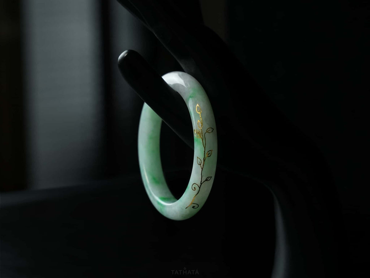 Pale Green with Gold-Painted Vines · Nature Burmese Jadeite Peace Bangle (57mm)