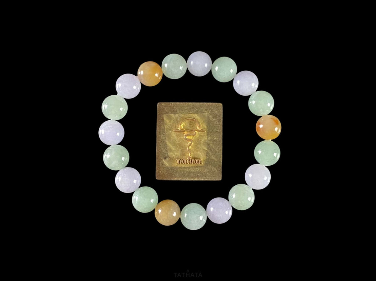 Fu lu Shou Tri‑Color · Nature Burmese Jadeite Beads Bracelet