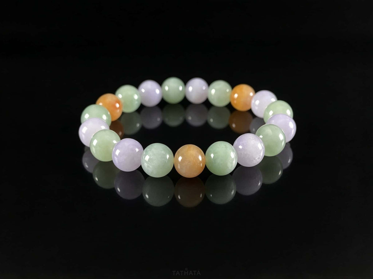 Fu lu Shou Tri‑Color · Nature Burmese Jadeite Beads Bracelet