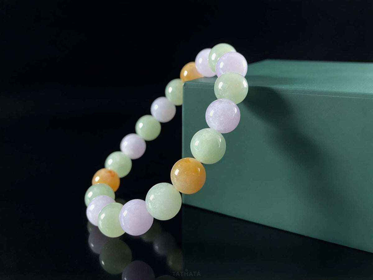 Fu lu Shou Tri‑Color · Nature Burmese Jadeite Beads Bracelet