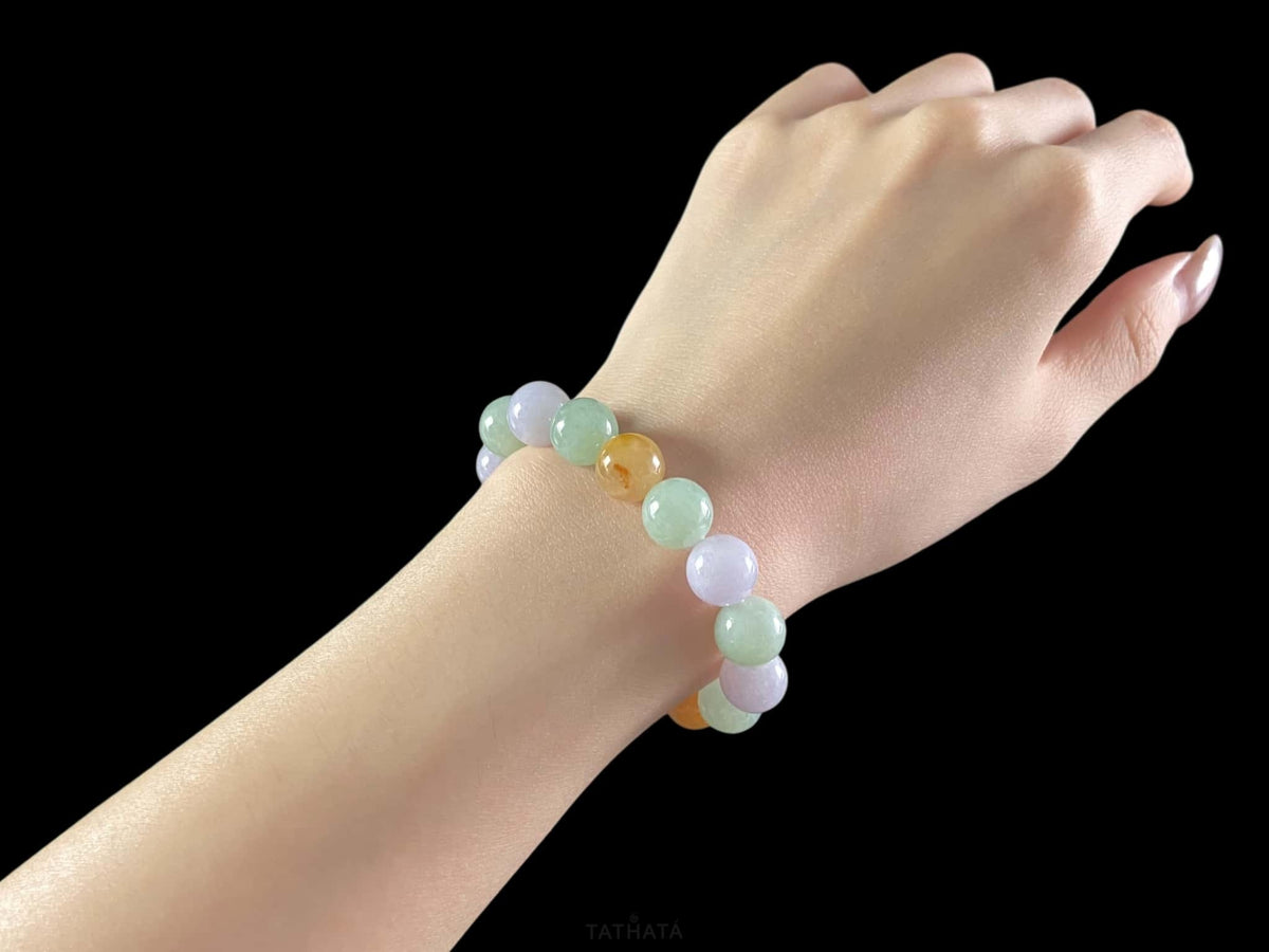 Fu lu Shou Tri‑Color · Nature Burmese Jadeite Beads Bracelet