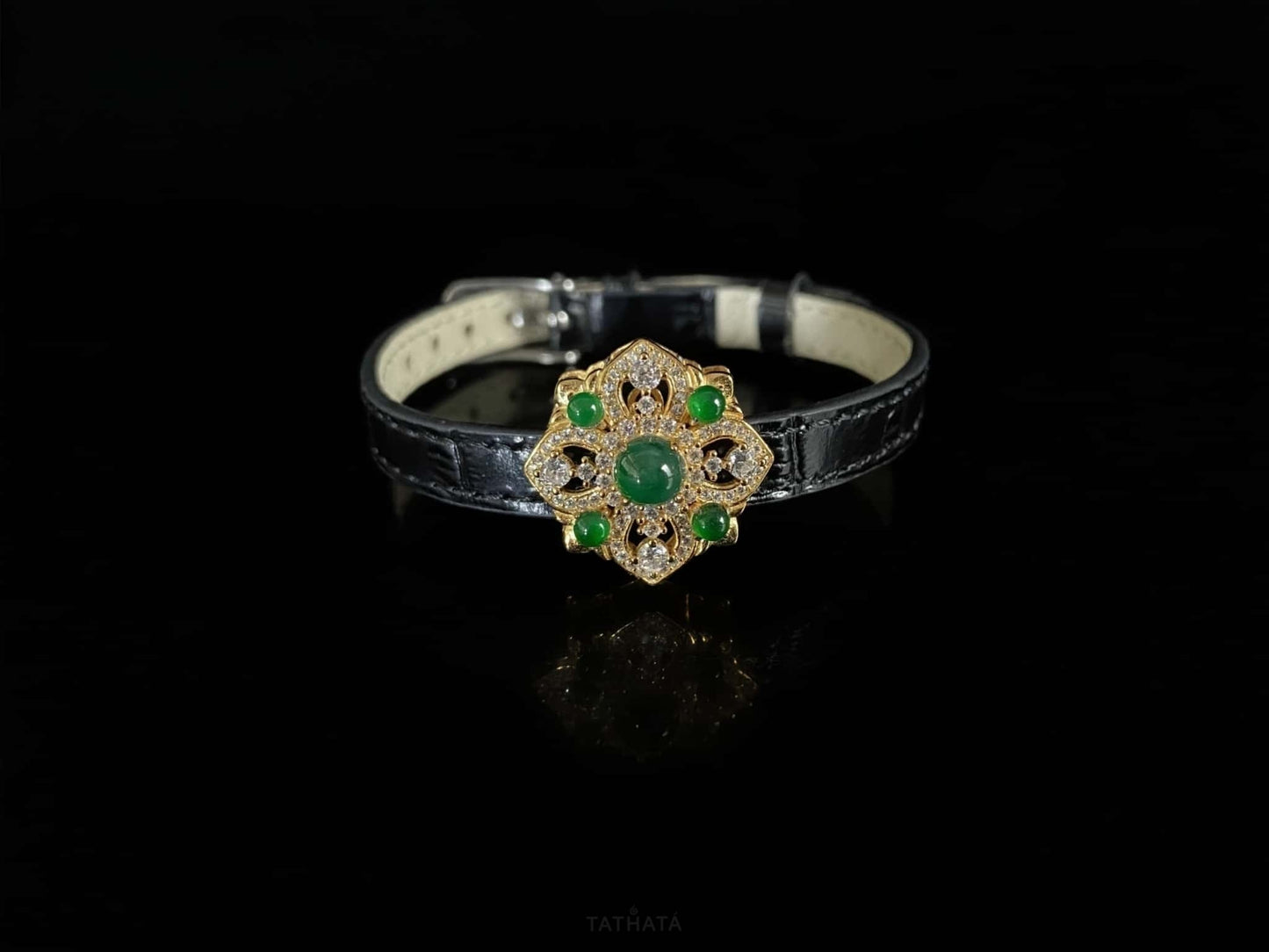 Gold Inlaid Green Vintage Floral · Nature Jadeite Bracelet