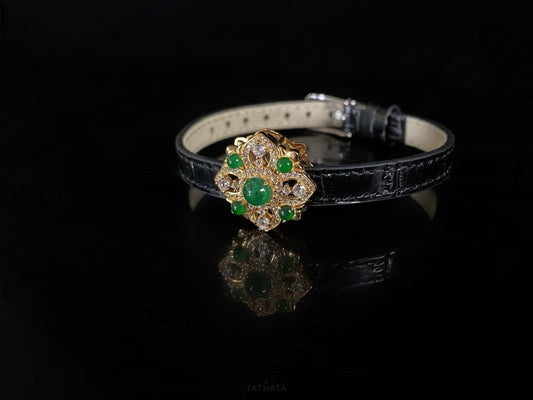 Gold Inlaid Green Vintage Floral · Nature Jadeite Bracelet