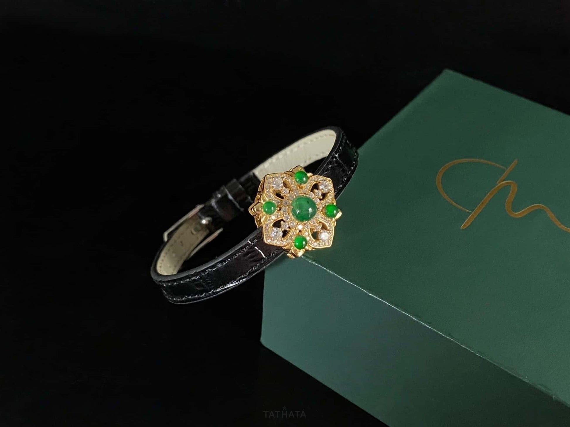 Gold Inlaid Green Vintage Floral · Nature Jadeite Bracelet