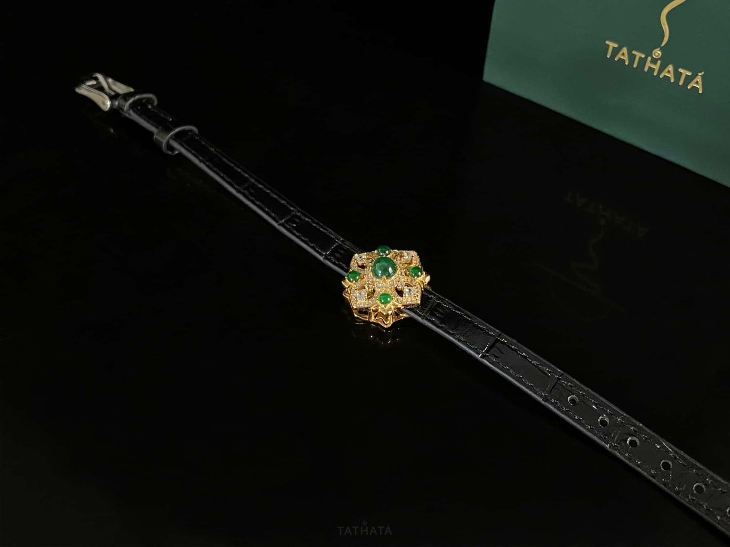 Gold Inlaid Green Vintage Floral · Nature Jadeite Bracelet