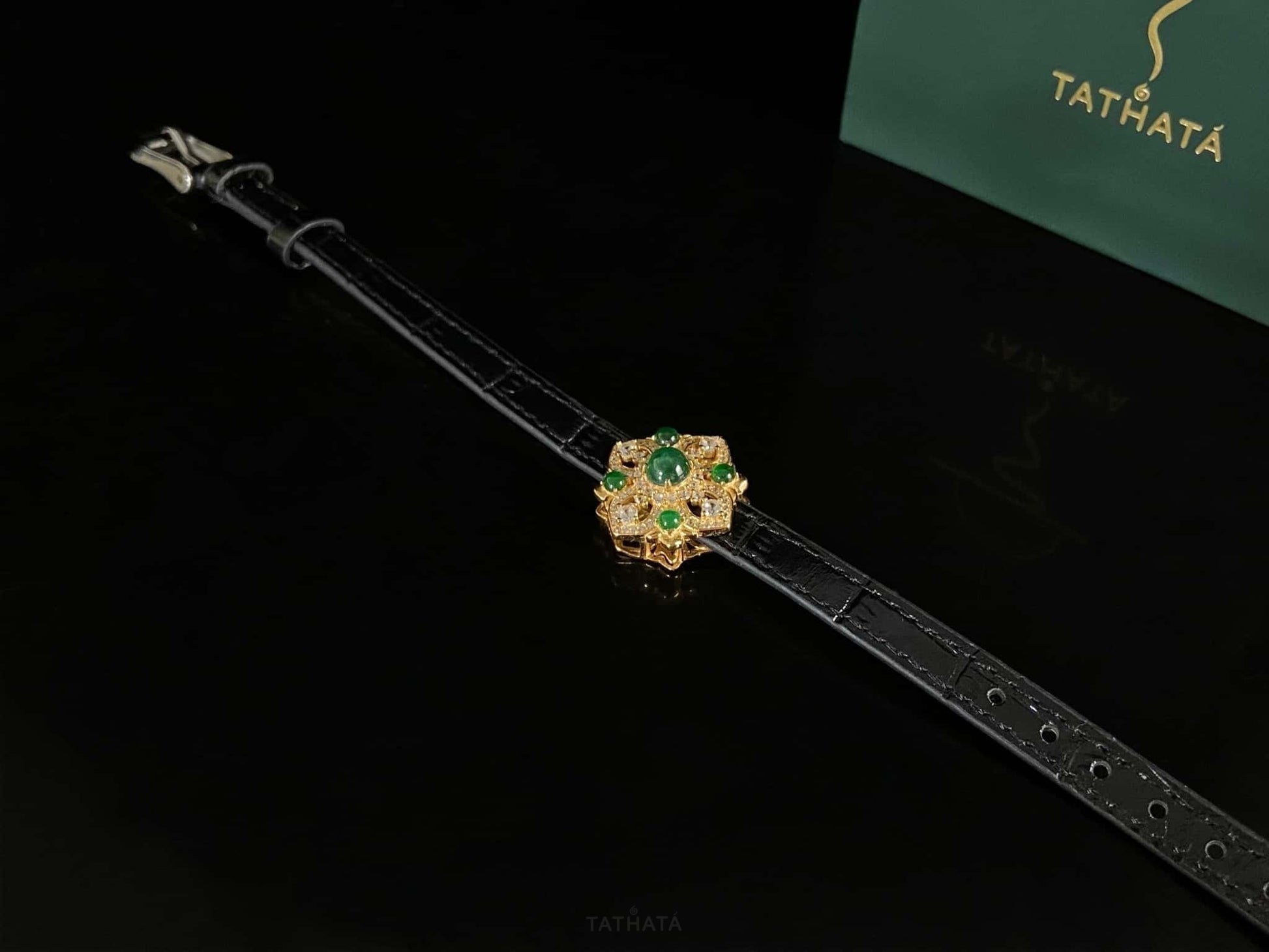 Gold Inlaid Green Vintage Floral · Nature Jadeite Bracelet
